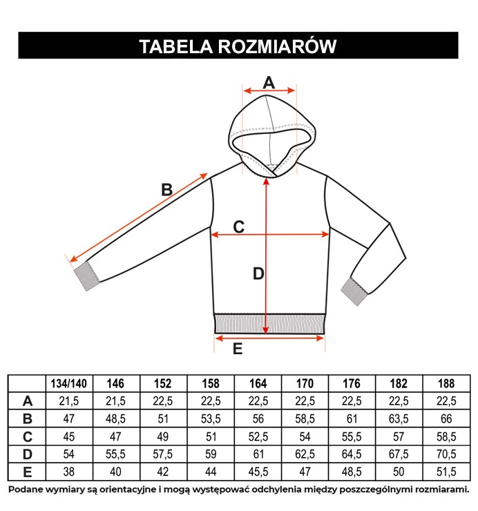 Tabela rozmiarów - Czarna bluza z kapturem z kolorowym nadrukiem z przodu