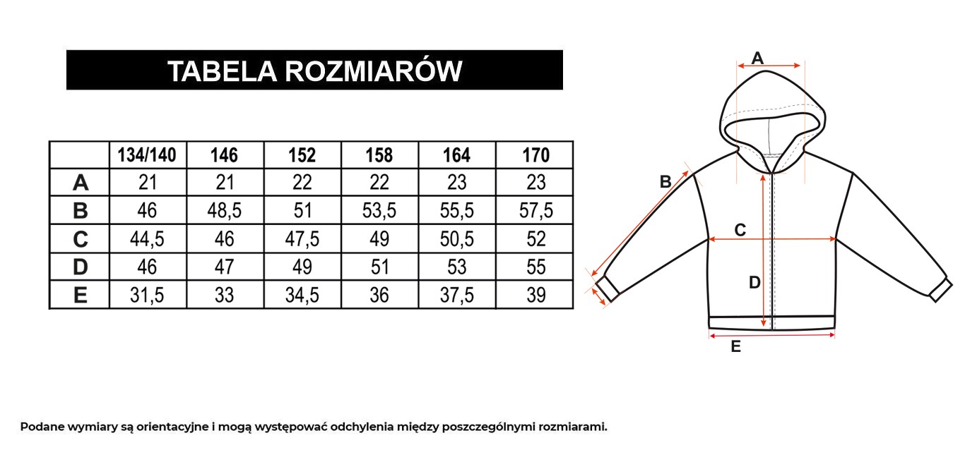 Tabela rozmiarów - Bluza z kapturem w odcieniach fioletu z nadrukiem