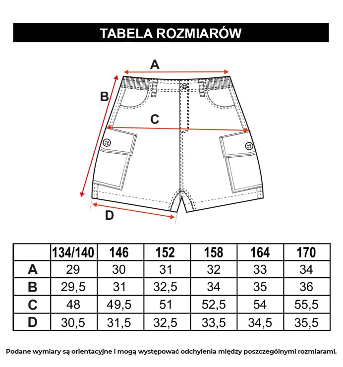 Tabela rozmiarów - Czarne krótkie spodenki z naszywanymi kieszeniami