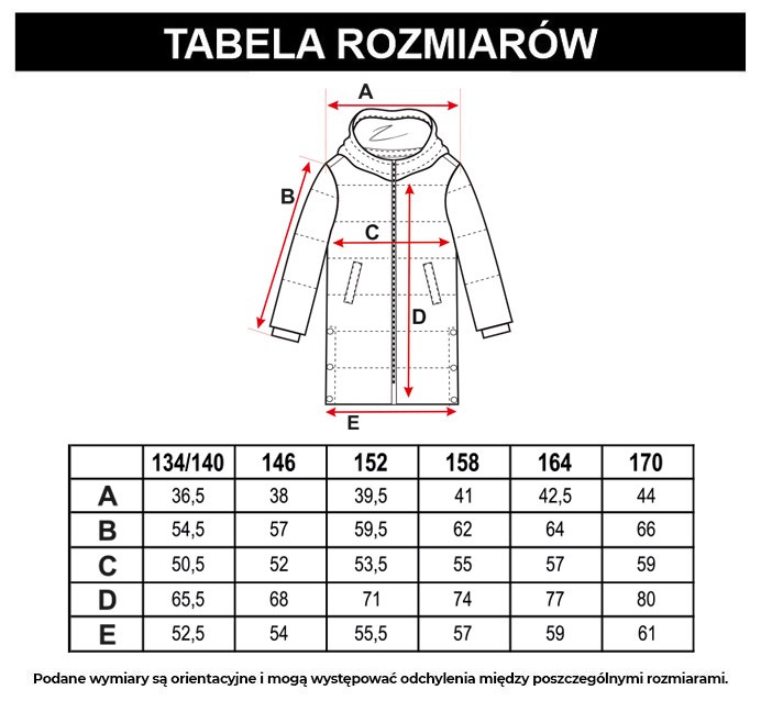 Tabela rozmiarów - Beżowa przedłużana ocieplana kurtka z kapturem