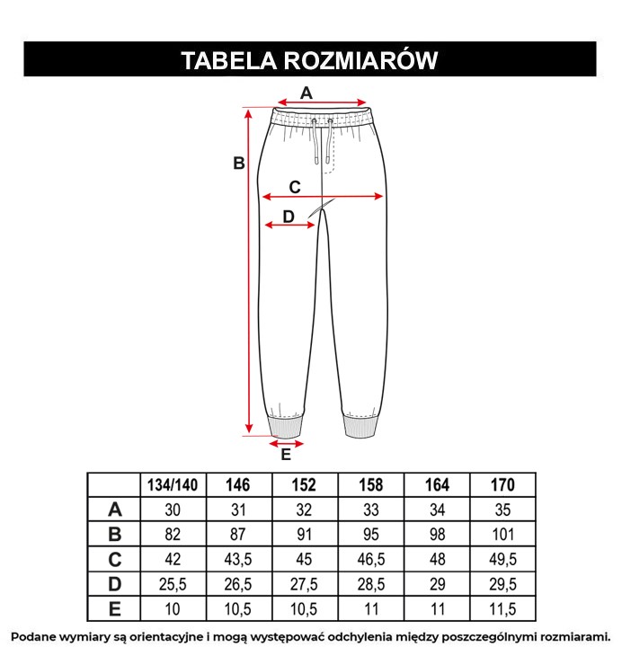 Tabela rozmiarów - Błękitne spodnie dresowe z nadrukiem z przodu