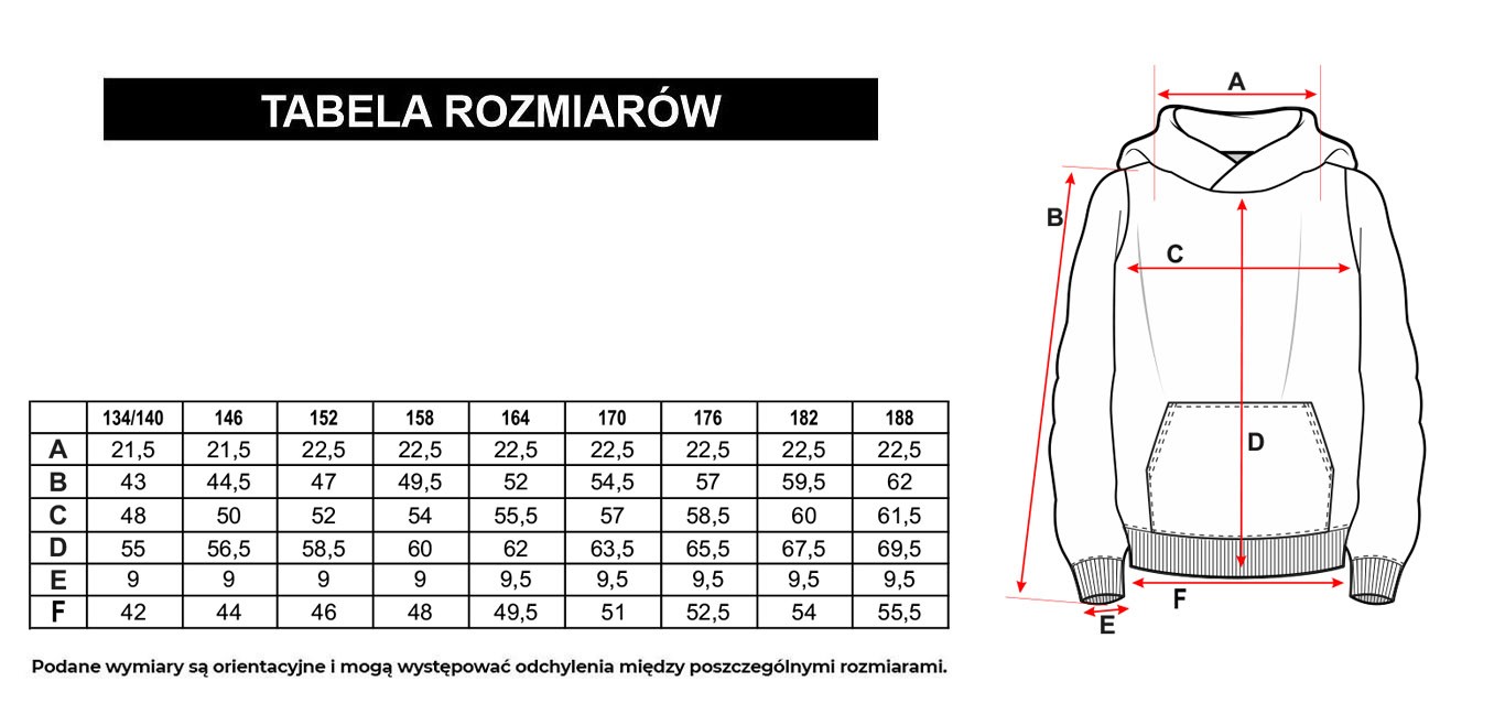 Tabela rozmiarów - Wielobarwna bluza dresowa z kapturem i nadrukami