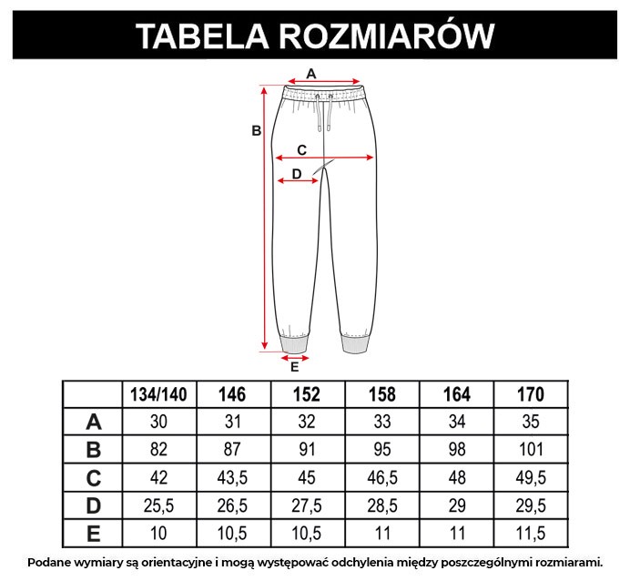 Tabela rozmiarów - Czarne spodnie dresowe z nadrukiem z boku