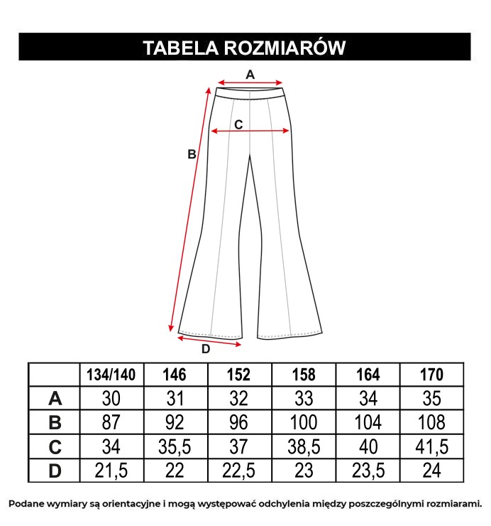 Tabela rozmiarów - Czarne eleganckie spodnie dzwony z ozdobnymi przeszyciami