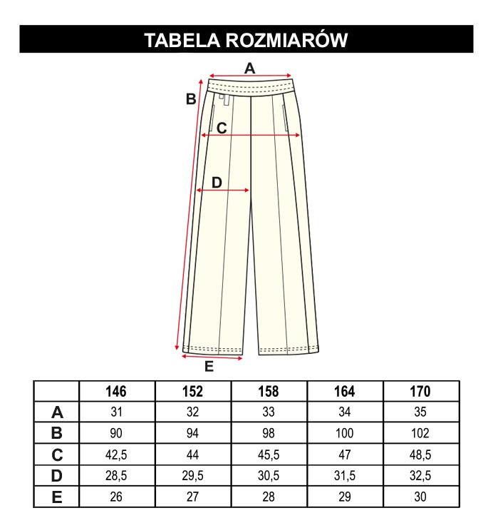 Tabela rozmiarów - Czarne spodnie białymi lampasami z nogawką typu wide leg