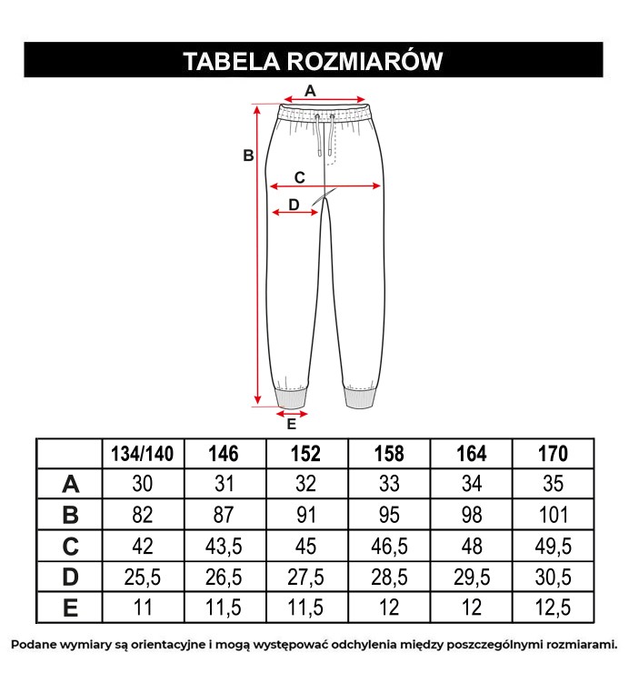 Tabela rozmiarów - Czarne spodnie dresowe