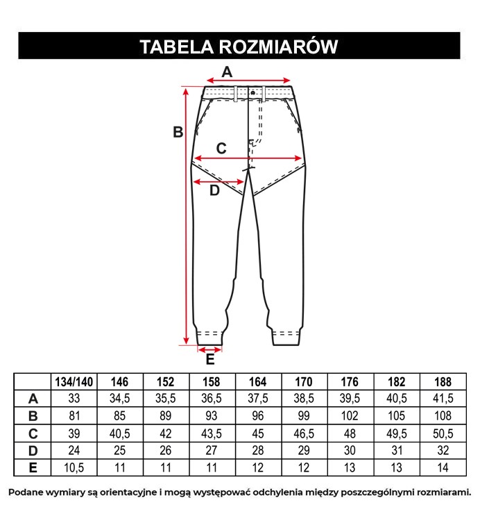 Tabela rozmiarów - Niebieskie spodnie jeansowe typu joggery z nadrukami na nogawkach