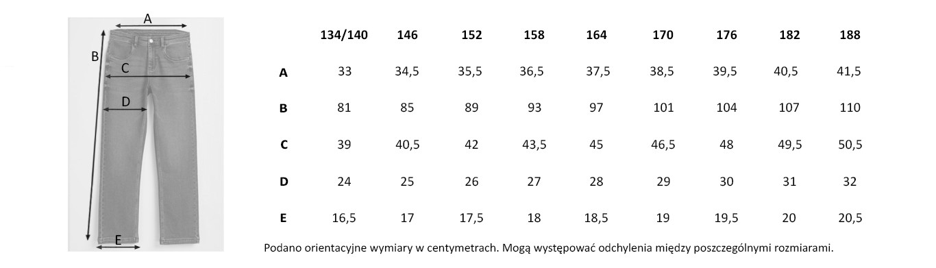 Tabela rozmiarów - Czarne spodnie jeansowe o klasycznym kroju