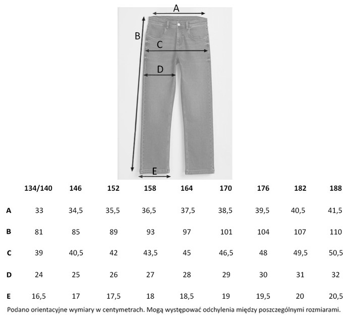 Tabela rozmiarów - Czarne spodnie jeansowe o klasycznym kroju