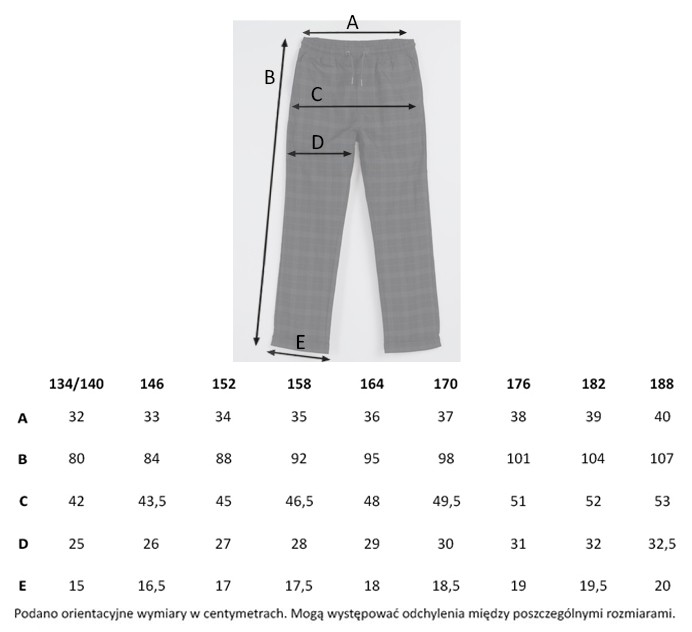 Tabela rozmiarów - Czarne eleganckie spodnie w kratę typu chinosy