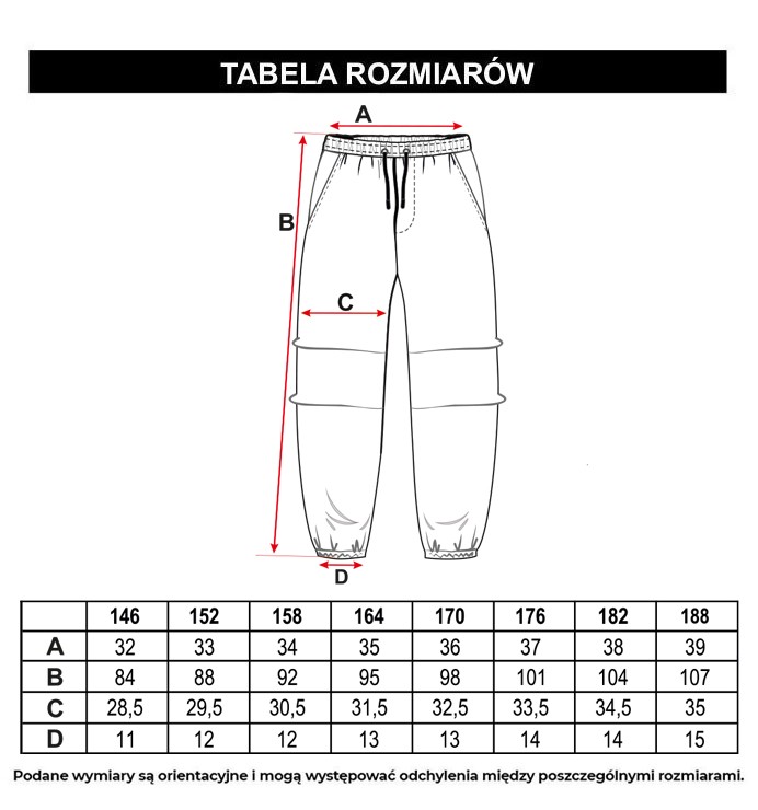 Tabela rozmiarów - Czarne spodnie typu joggery z zaszewkami na nogawkach