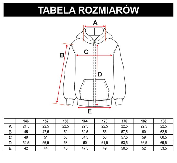 Tabela rozmiarów - Zgniłozielona rozpinana bluza dresowa z kapturem