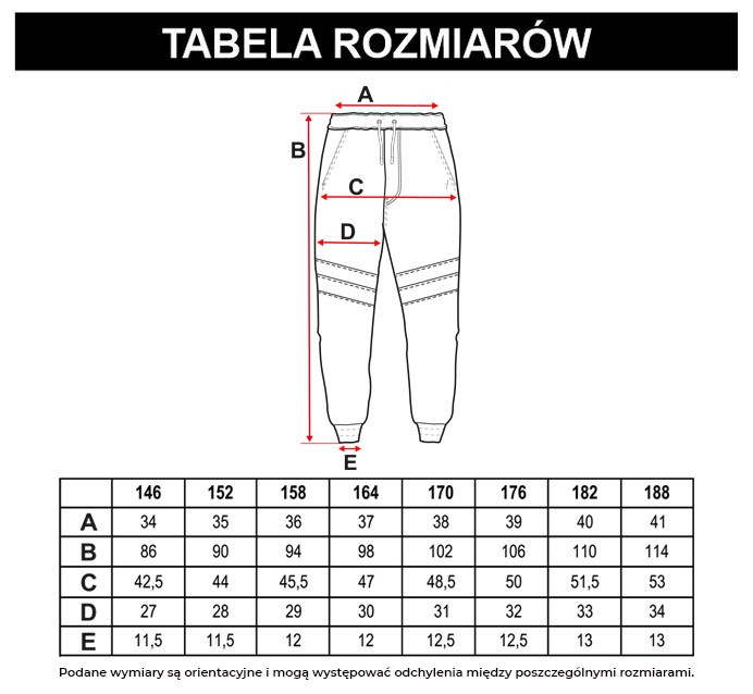 Tabela rozmiarów - Czarne spodnie dresowe z odpinanym łańcuchem