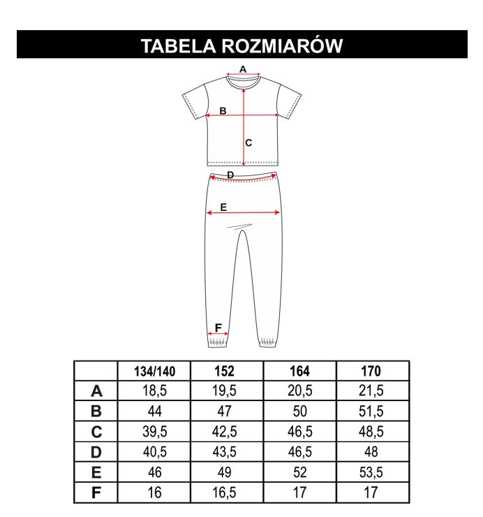 Tabela rozmiarów - Świąteczna piżama dla dziewczyny