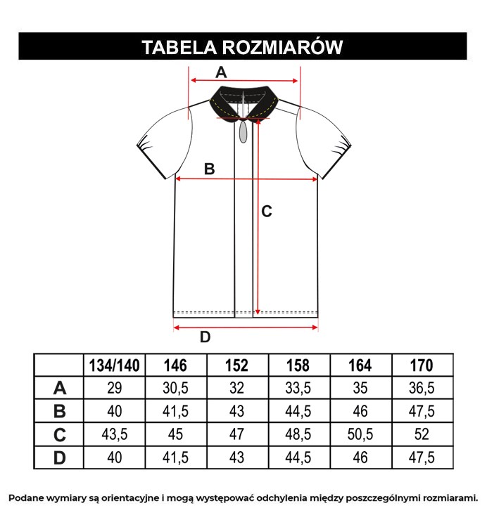 Tabela rozmiarów - Biała koszula z krótkim rękawem z czarnym kołnierzykiem i kontrastową lamówką