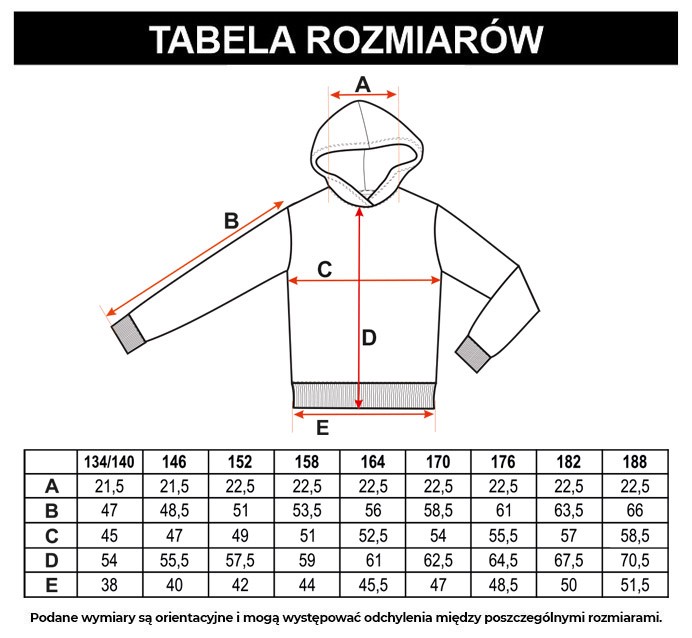 Tabela rozmiarów - Czarna bluza dresowa z nadrukiem i kapturem