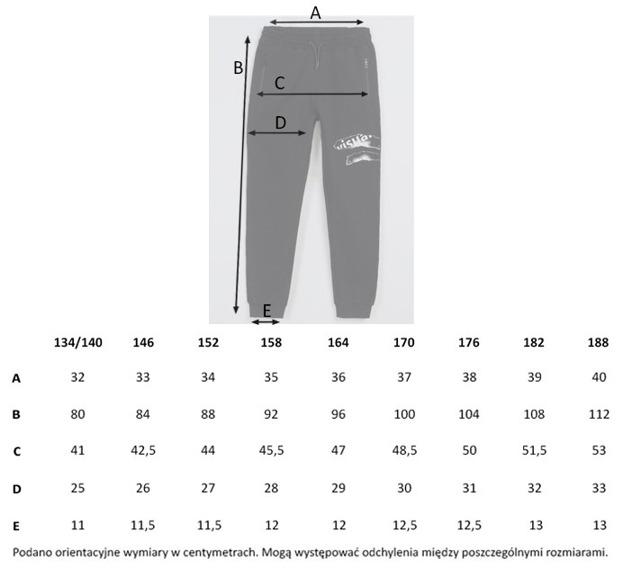 Tabela rozmiarów - Czarne spodnie dresowe z kontrastowym nadrukiem z boku