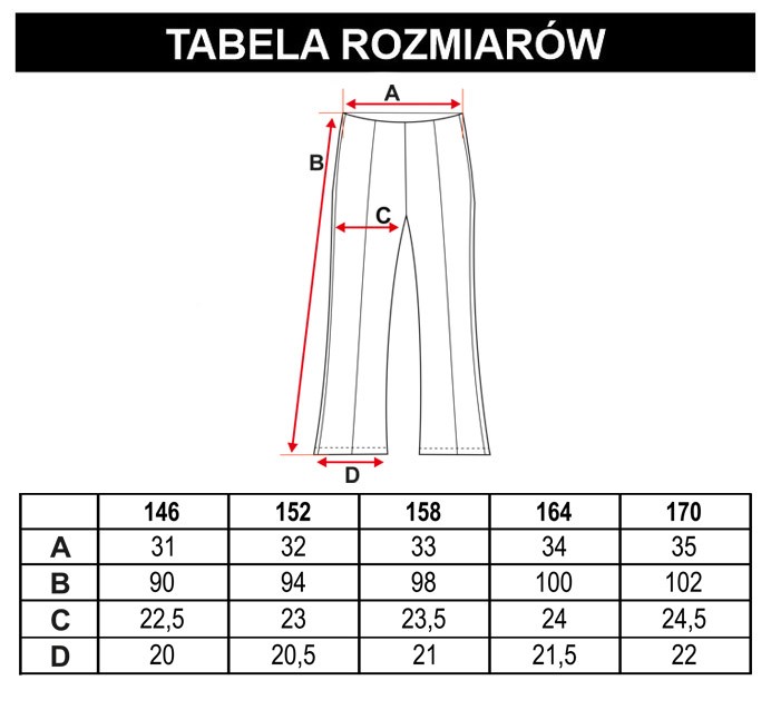 Tabela rozmiarów - Czarne spodnie typu dzwony