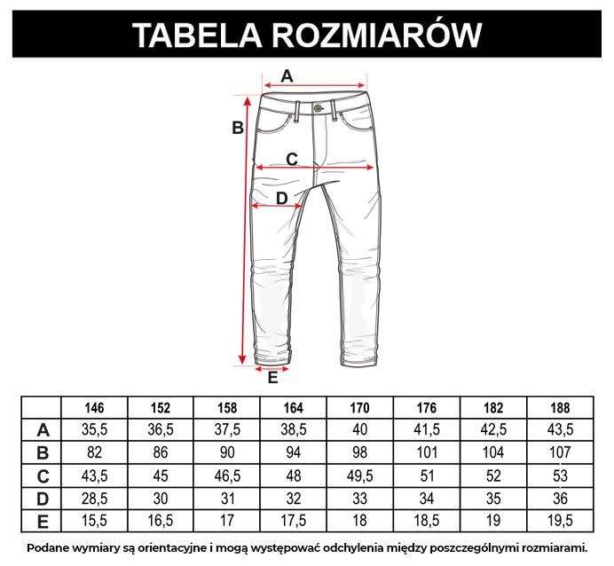 Tabela rozmiarów - Niebieskie jeansy z nadrukami