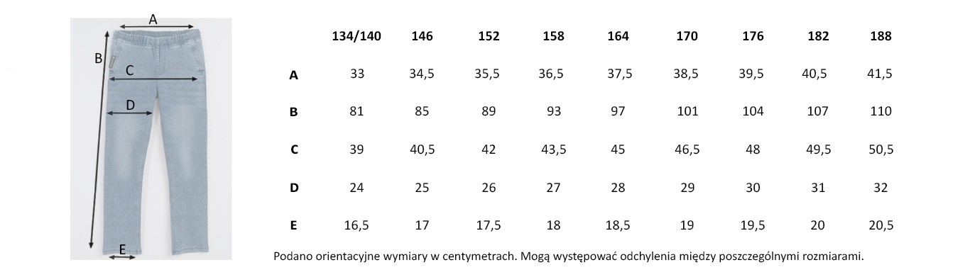 Tabela rozmiarów - Niebieskie spodnie jeansowe z efektem sprania