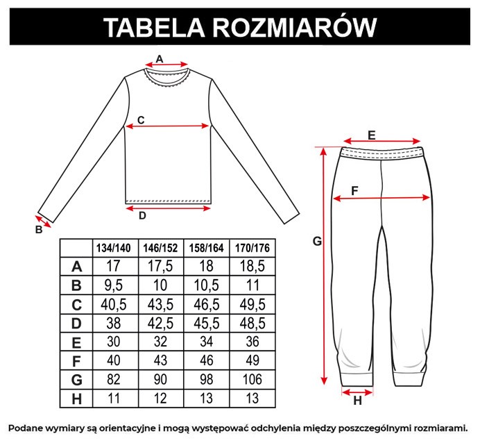 Tabela rozmiarów - Czarno-czerwona piżama koszulka i spodnie