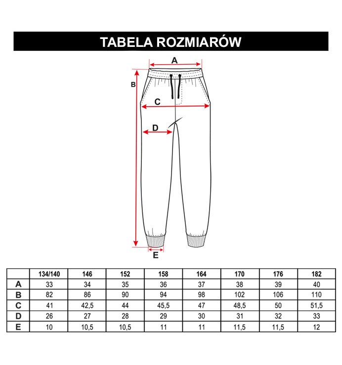 Tabela rozmiarów - Czarne spodnie dresowe z fioletowym nadrukiem