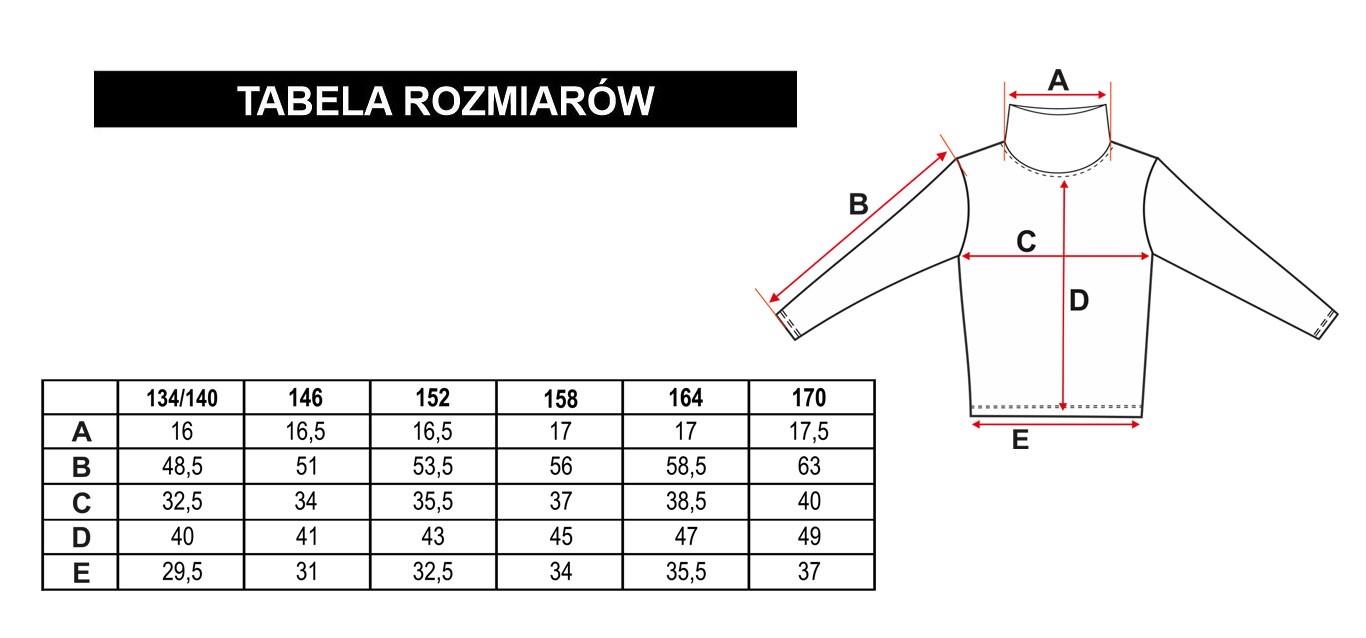 Tabela rozmiarów - Fioletowy prążkowany golf z długim rękawem