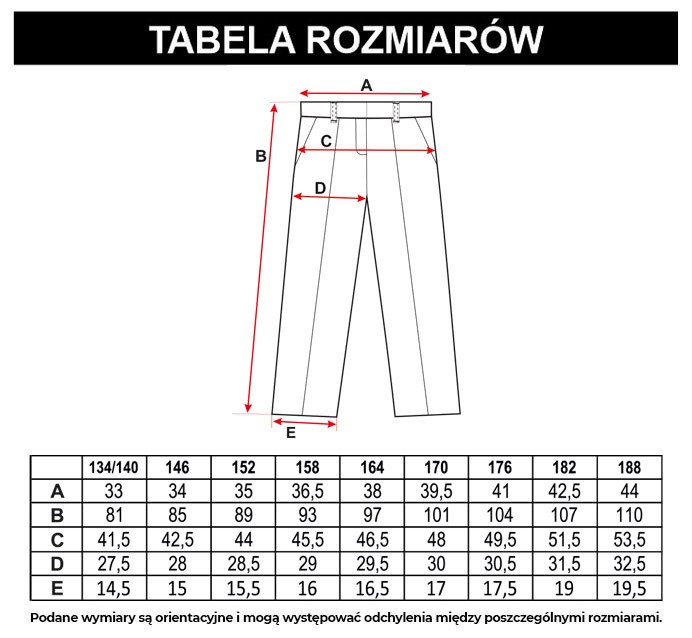 Tabela rozmiarów - Spodnie garniturowe w drobną grantowo-czarną kratkę