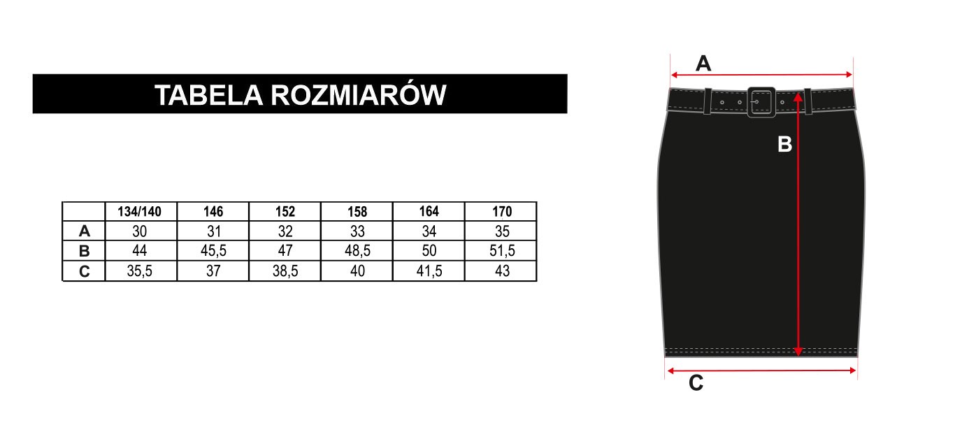Tabela rozmiarów - Czarna krótka spódnica dla dziewczyny