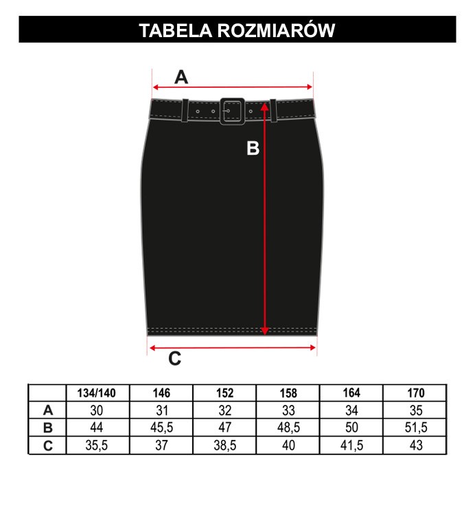 Tabela rozmiarów - Czarna krótka spódnica dla dziewczyny
