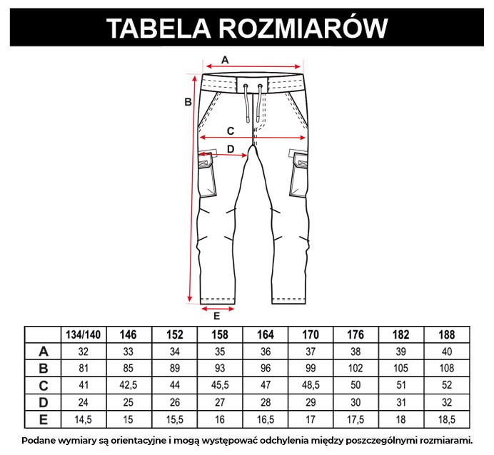 Tabela rozmiarów - Czarne jeansowe spodnie typu cargo z przestrzennymi kieszeniami