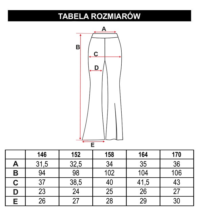 Tabela rozmiarów - Czarne miękkie prążkowane spodnie typu dzwony