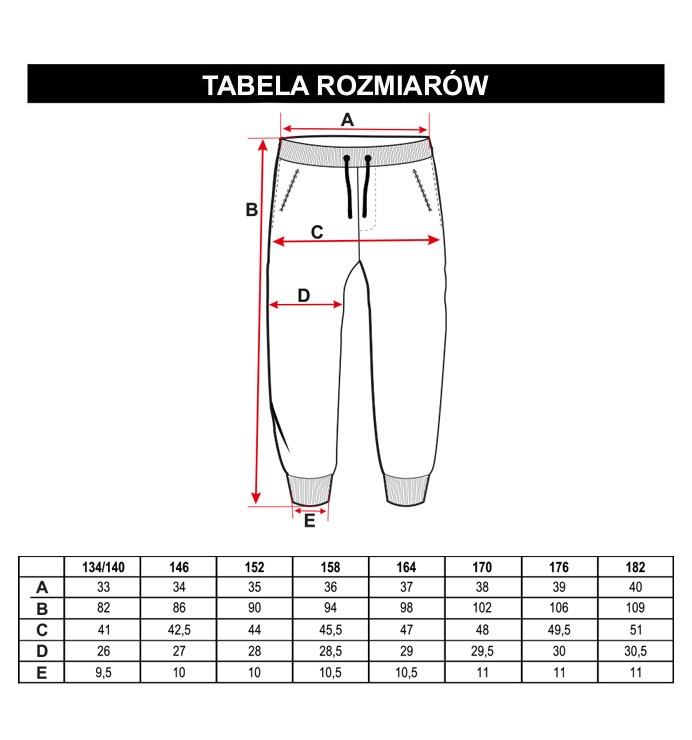 Tabela rozmiarów - Czarne spodnie dresowe LEGEND
