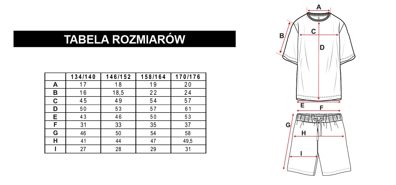 Tabela rozmiarów - Biało-czarna piżama koszulka i spodenki