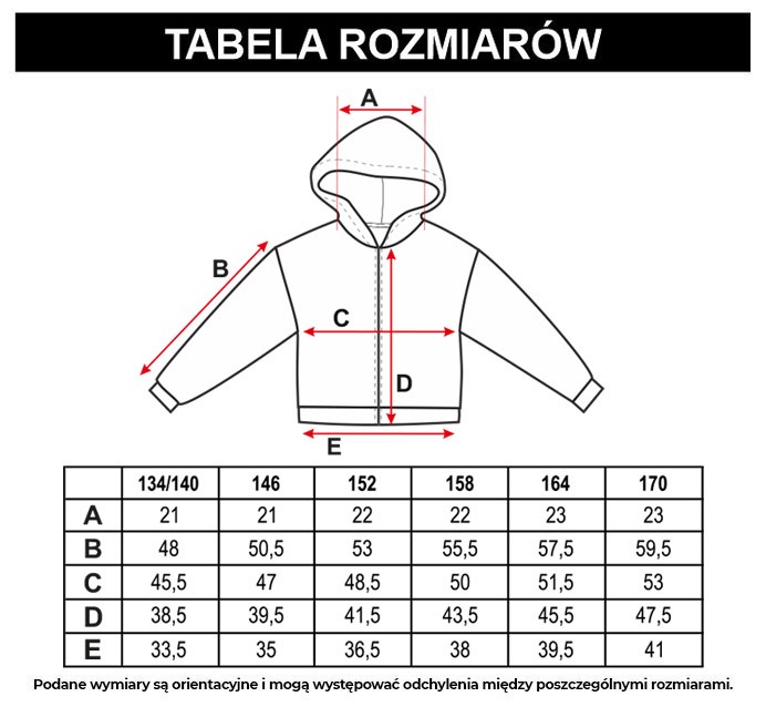 Tabela rozmiarów - Miętowa rozpinana bluza dresowa z kapturem