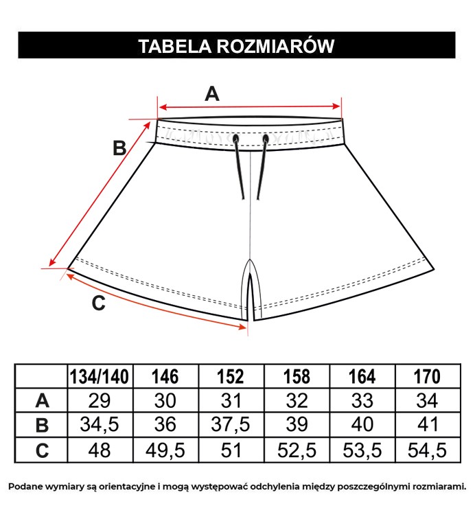 Tabela rozmiarów - Czarne krótkie spodenki z szerokimi nogawkami