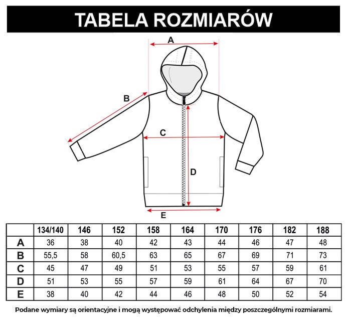 Tabela rozmiarów - Czarna kurtka przejściowa z kapturem z nadrukiem na całości