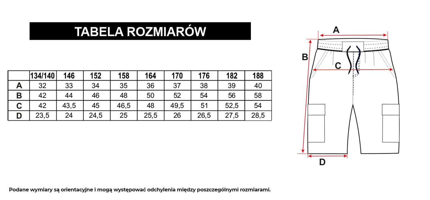 Tabela rozmiarów - Czarne krótkie spodenki z przestrzennymi kieszeniami