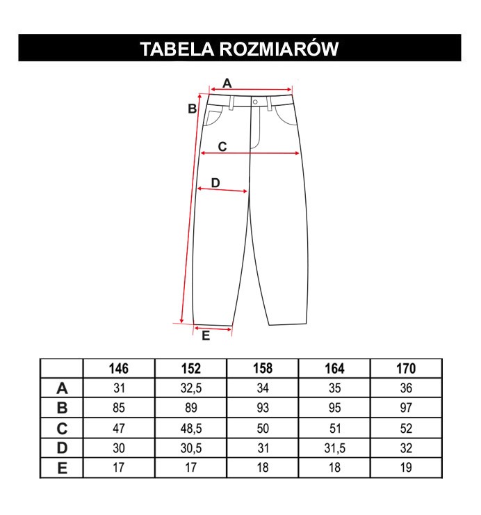 Tabela rozmiarów - Niebieskie marmurkowe jeansy z wysokim stanem