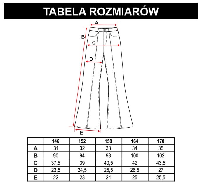 Tabela rozmiarów - Niebieskie jeansy typu dzwony