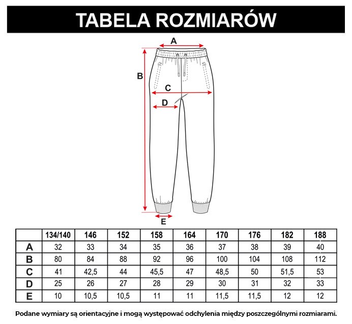 Tabela rozmiarów - Czarne spodnie dresowe z nadrukiem z tyłu