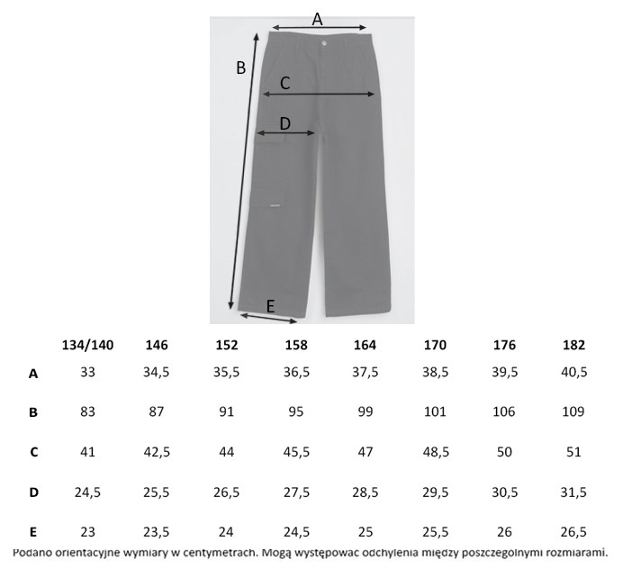 Tabela rozmiarów - Czarne spodnie materiałowe z kieszeniami na nogawce