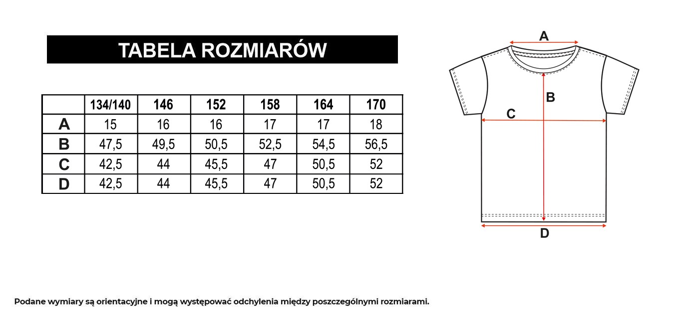 Tabela rozmiarów - Biały t-shirt z kolorową grafiką z przodu