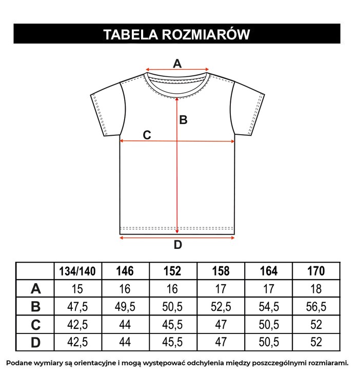 Tabela rozmiarów - Biały t-shirt z kolorową grafiką z przodu