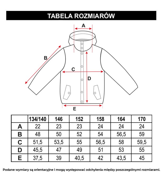 Tabela rozmiarów - Khaki kurtka z kapturem z futrzanym kołnierzem ocieplana