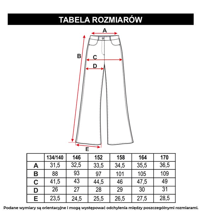 Tabela rozmiarów - Jasnoniebieskie jeansy z szerokimi nogawkami