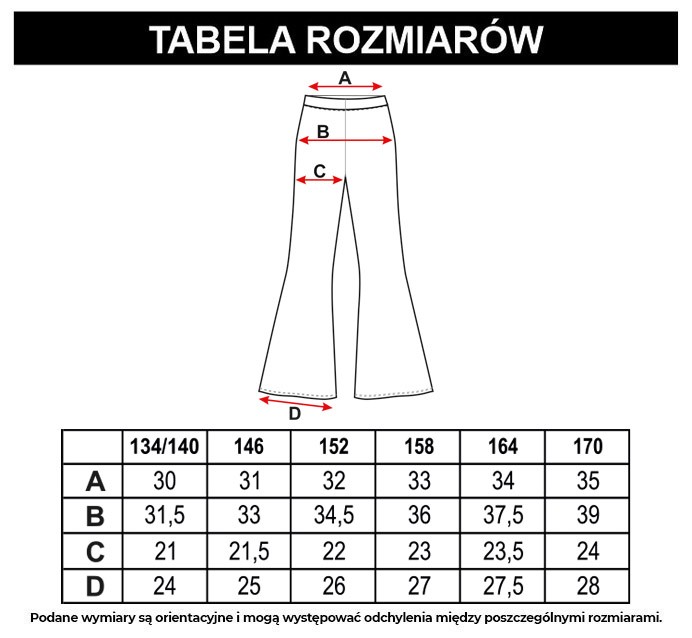 Tabela rozmiarów - Czarne welurowe spodnie typu dzwony