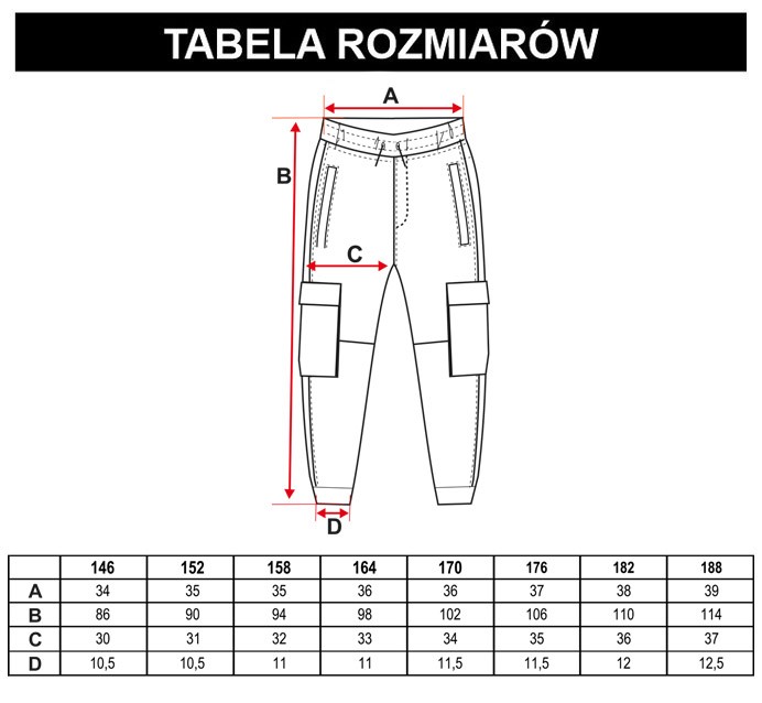 Tabela rozmiarów - Czarne dresowe spodnie typu jogger z kieszeniami cargo