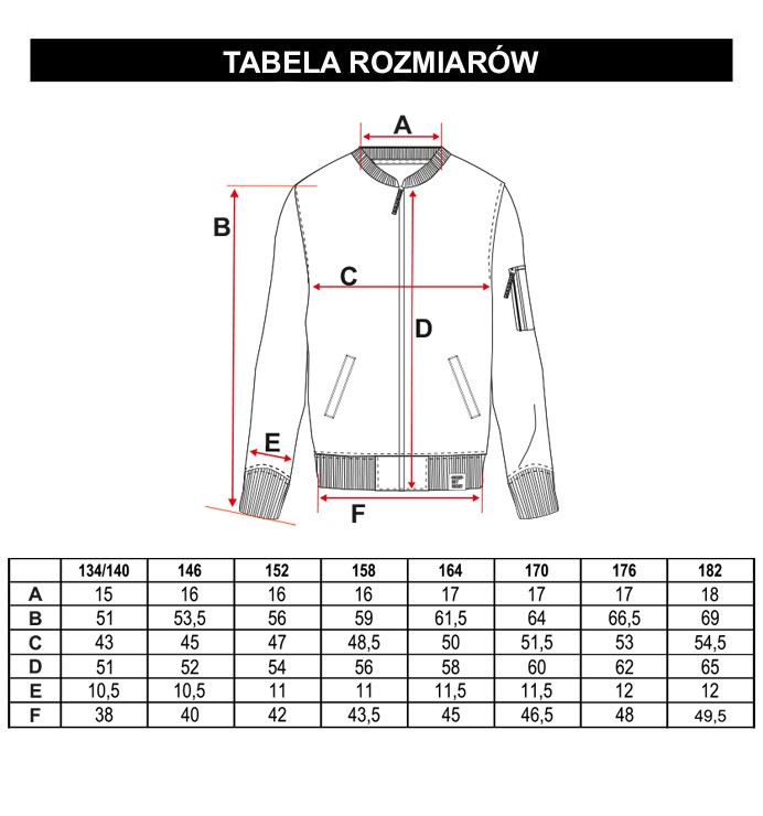 Tabela rozmiarów - Czarna rozpinana bluza dresowa a'la bomberka