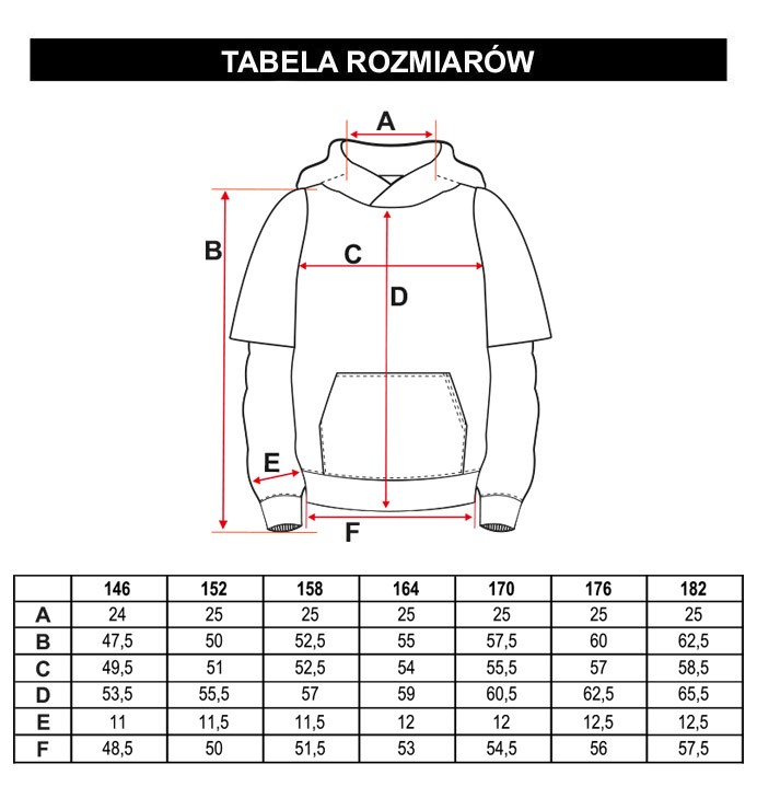 Tabela rozmiarów - Czarna bluza dresowa z kapturem z nadrukiem HOLO